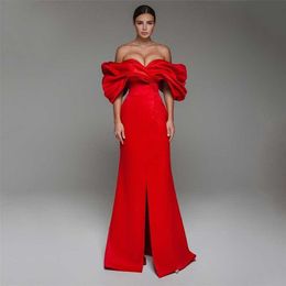 Party Dresses Classic Red Mermaid Prom Dresses Off The Shoulder Ruched Pleat Satin Party Gowns Sweep Train Front Slit Evening Dress 220923