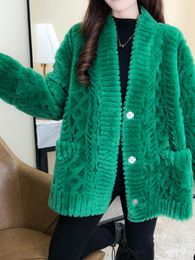 Women s Fur Faux OFTBUY V neck Real Coat Winter Jacket Women Natural Weave Wool Thick Warm Outerwear Streetwear Fashion Pocket 220926