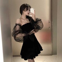 Casual Dresses Fashion Mesh Stitching Bubble Sleeve Dresses Women Spring Autumn Strapless Waist Puffy Dress Black Y2209