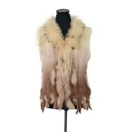 Women s Fur Faux VR001 17 Womens Natural Real Rabbit Vest With Raccoon Collar Waistcoat jackets Rex Knitted 220926