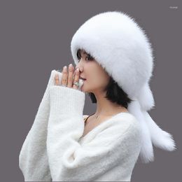 Berets 2022 Women's Fur Hat Natural Raccoon Russian Hats Winter Thick Warm Ears Fashion Bomber Cap Snow Caps