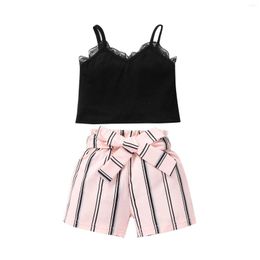 Clothing Sets 2022 Baby Girls Clothes Set Solid Colour Sleeveless V-neck Cropped Tops With Lace Striped Short Pants 6M-3T