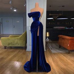 Party Dresses On Zhu Royal Blue Velvet Mermaid Long Evening Dress Strapless Robe De Soiree Dubai Formal Gowns High Split Sexy Evening Dresses 220923