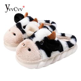 Slippers YvvCvv Cute Fluffy Fur Cow Slippers Women Winter Fuzzy Platform Animal Slides Furry Memory Foam Slippers Girls Kawaii Shoes 220926