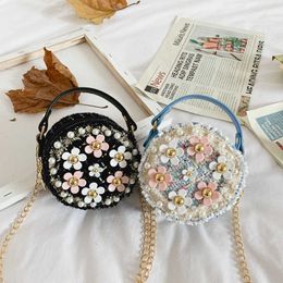 Backpacks Children Small Round Bags Baby Decorative Shoulder Bag Girl Mini Handbag Creative Tweed Flower Pearl Kids Wallet for Party L220924