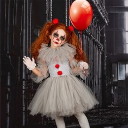 Special Occasions Grey Pennywise Girls Halloween Costume Tutu Dress Creepy Clown Kids Carnival Cosplay Clothing Children Tulle Fancy Up 220922