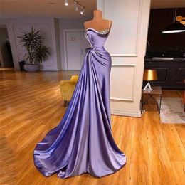 Party Dresses Lilac Evening Dress Beading One Shoulder Stones Ruched Sweep Train Robe De Soiree Women Pageant Party Gowns 220923