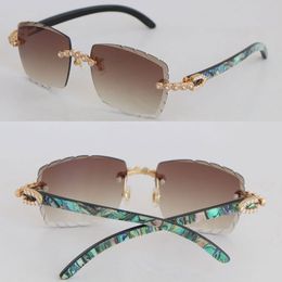 Luxury Diamond Set Rimless Sunglasses Womans Shell Inside Black Buffalo Horn Men 3524012 Carved lens Big Stones Square Sun Glasses Male and Female 18K Gold Size 58