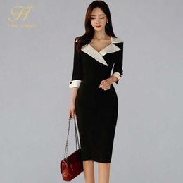 Casual Dresses H Han Queen Women New Notched Neck Black Sheath Pencil Dress Fashion Slim Sexy OL Work Bodycon Dresses Office Business Vestidos Y2209