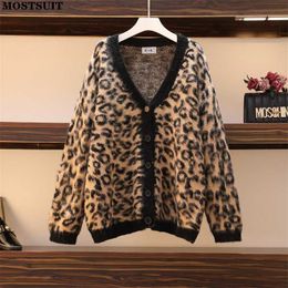 Women's Sweaters Leopard Knitted Loose Cardigan Sweater For Women 2022 Autumn Winter V-neck Long Sleeve Tops Coats Vintage Fashion Ladies Jumpers T220925