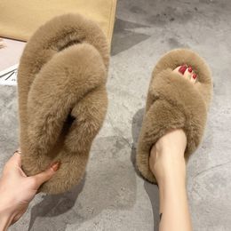 Slippers Furry Slippers Fur Slides for Women Faux Fur Sliders Outside Keep Warm Shoes Woman Strap Shoes Female Casual Flat Home Footwear 220926