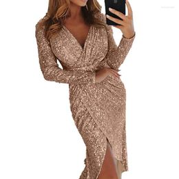 Casual Dresses Fashion Echoine Sexy Gold Sequin Deep V Dress Women Long Sleeve Backless Club Party Lady Female Sling High Split