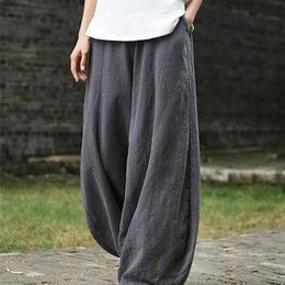 Women's Pants Capris Cotton Linen Style Bloomers Wide Leg Women Vintage Full Length Elegent Solid Elasitic Waist Spring Autumn 5XL 220922