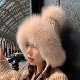 Berets ZDFURS 2022 Winter Fashion Fur Hat Cute Wool Knitting Earmuffs Warm Girl With Pompom Bomber Hats