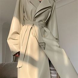 Women's Jackets Lautaro Spring Autumn Long Faux Leather Trench Coat for Women Belt Double Breasted Luxury Elegant Fashion 220926
