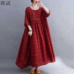 Casual Dresses Summer Oversized Women Vintage Cotton Plaid Dress Woman Loose Casual Ladies Fashion Dresses New Arrival Mujer Femme Dress 2021 T220905