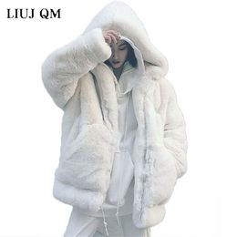 Womens Jackets Winter Faux Fur Coat Women High Quality Korean Loose Imitation Rex Rabbit Fur Coat Large size Thick Warm Hooded Jacket 220926