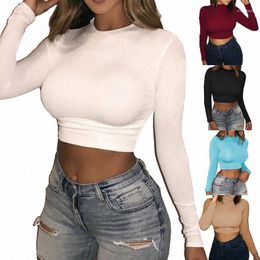 Designer clothing women's T-shirt fall solid Colour crew neck tight women's T-shirt crop top tight casual button long sleeve slim sports fitness top