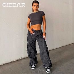 Women's Pants Capris CIBBAR Sporty Baggy Low Waisted Trousers Casual Patchwork Pockets Drawstring Cargo Pants Female Jogger Fashion Grey Sweatpants T220926