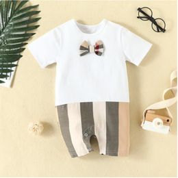 Cute Baby Boys Girls Striped Rompers With Bowtie Summer Newborn Cotton Jumpsuits Toddler Short Sleeve Onesies Infant Romper 0-24 Months