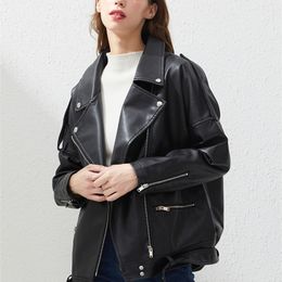 Women's Jackets Fitaylor PU Faux Leather Jacket Women Loose Sashes Casual Biker Jackets Outwear Female Tops BF Style Black Leather Jacket Coat 220926