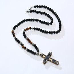 Chains Our Father Bible Cross Stainless Steel Pendant With Black Lave Stone Beaded Necklace For Men