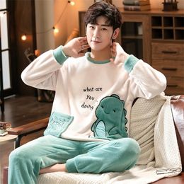 Mens Winter Long Sleeve Thick Warm Flannel Pajama Sets for Men Cute Cartoon Coral Velvet Sleepwear Pyjamas Homewear Home Clothes 2024