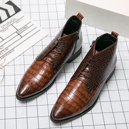 British Short Boots Men Shoes Trendy Crocodile Pattern PU Stitching Pointed Toe Lace Side Zipper Fashion Business Casual Daily AD257