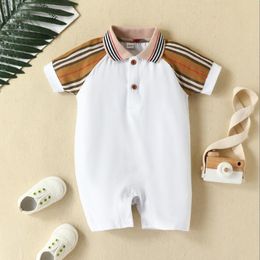 Cute Baby Boys Girls Striped Rompers Summer Newborn Cotton Jumpsuits Toddler Short Sleeve Onesies Turn-down Collar Infant Romper 0-24 Months