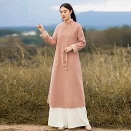 Ethnic Clothing 2022 Winter Vintage Plate Buckle Chinese Style Robe Dresses Woollen Full Sleeve Mandarin Collar Women Cheongsam Dress FF3037