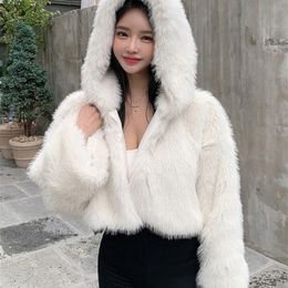 Womens Jackets ZADORIN White Thick Warm Crop Winter Fur Jackets for Women Oversized Long Sleeve Hooded Faux Fur Coat Women Cropped Jacket 220926