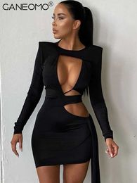 Casual Dresses Black Sexy Hollow Out Bodycon Dresses Women 2022 Autumn Bandage Long Sleeve Elegant Party Evening Wrap Mini Dress Club Outfits T220905