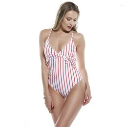 Costume da bagno a righe da donna, costume da bagno intero a righe, allacciato sul davanti, bikini allacciato sul retro, rosa bianco per giovane donna