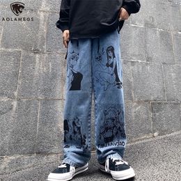 Men's Jeans Aolamegs Retro Men Jeans Anime Print Baggy Jeans Casual Straight Trouser High Street Streetwear Denim Pants Fashion Cowboy Pants 220926