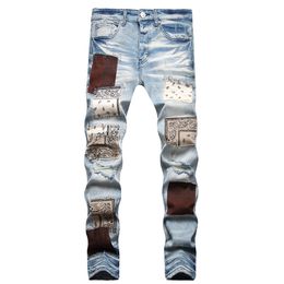 Jeans da uomo European Jean Hombre Patch Uomo Patchwork ricamato strappato per pantaloni da motociclista di marca Trend Mens Skinny