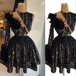 2022 Sparkly Feather Cocktail Dresses Long Sleeve Luxury Beaded Black Sequined African Women Sequins Short Party Gowns Homecoming Formal Evening Dress