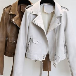 Women's Jackets Ftlzz Spring Autumn Women Faux Leather Jacket Slim Streetwear Khaki Leather Coat Biker Moto Jacket with Belt Female Outerwear 220926