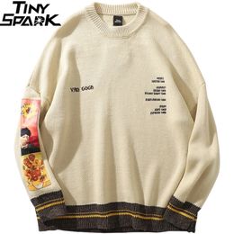 Men's Sweaters Men Hip Hop Sweater Pullover Streetwear Van Gogh Painting Embroidery Knitted Sweater Retro Vintage Autumn Sweaters Cotton 220926