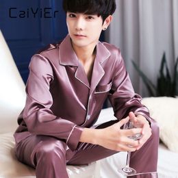 Men's Sleepwear CAIYIER Spring Summer Silk Men Pajamas Set Solid Color Long Sleeve Sleepwear Modern Style Soft Men Nightwear Loose Homewea L3XL 220924