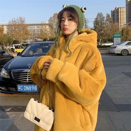 Womens Fur Faux Women Fake Coat Winter Jacket Oversize Female Loose Cashmere Wool Blends Streetwear Hooded Outerwear Overcoat G19 220927