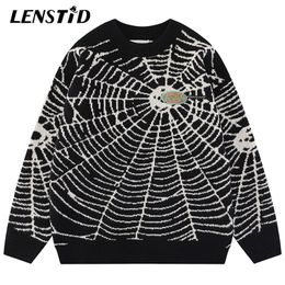 Men's Sweaters LENSTID Autumn Men Knitted Sweaters Hip Hop Spider Web Graphic Jumper Streetwear Harajuku Fashion Casual Pullovers Clothes Black 220927