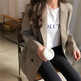 Women's Jackets Office Ladies Notched Collar Plaid Women Blazer Double Breasted Autumn Jacket Casual Pockets Female Suits Coat 220926
