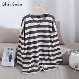 Women's Hoodies Sweatshirts CHICLAZA Women Spring Autumn Vintage Striped Long Sleeve O-Neck Pullovers Sweatshirt Female Loose Tops 220926