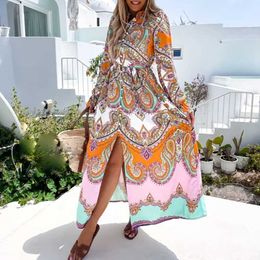Casual Dresses Spring Fashion Pattern Printed Shirt Dress Office Sexy V Neck Slit Long Party Dress Summer Women Casual Long Sleeved Maxi Dress T220905