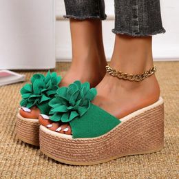 Slippers 9cm High Heels Summer Beach Platform Women Wedge Fashion Appliques Flower Weave Non-slip Female Clog Slides