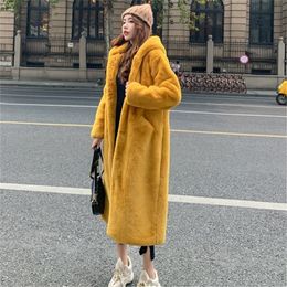 Womens Fur Faux Winter Korean Version Casual Long Coat Fashion Loose Hooded Overcoat Sleeve Thick Warm Female JQ1091 220927