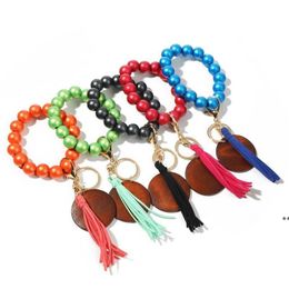 Tassel Keychains Wood Bead Bracelet Jewelry Pearl Color Bangle Wood Chip Fringe Bracelets Wristlet Key Ring Pendant Bag Accessories JNB15796