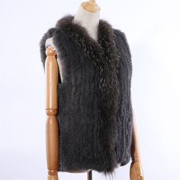 Womens Fur Faux SUPPEV STTDIO Genuine Rabbit Knitted Raccoon Collar Vest Vests Real Sleeveless Gilets Wholesale 220927