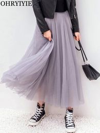 Skirts OHRYIYIE Autumn Winter Vintage Tulle Skirt Women Elastic High Waist Mesh Skirts Long Pleated Tutu Skirt Female Jupe Longue 220924