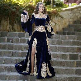 Elegant Navy Blue Morocco Kaftan Formal Evening Dresses with Detachable Skirt Two Pieces Flare Long Sleeve Mermaid Velvet Prom Gowns Split Arabic Turkey Caftan